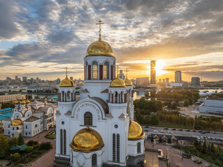 Autumn Yekaterinburg and Temple on Blood in beautiful clear sunset. Aerial view of Yekaterinburg,...