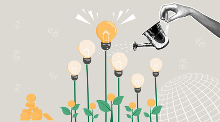 Trendy halftone collage. Investing in ideas. Cultivating innovation and growth. Cultivating money trees. © Наталья Косаревич
