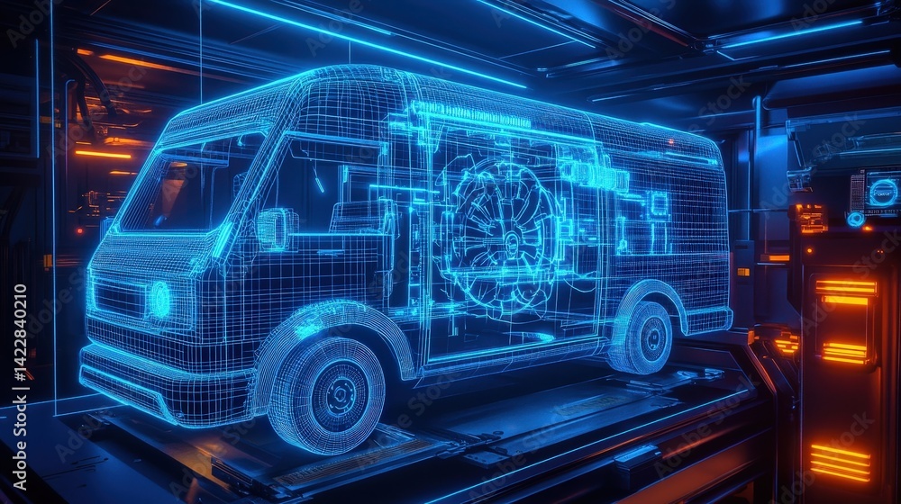Poster a sci-fi style wireframe van with interactive digital components, neon gears turning smoothly in a c