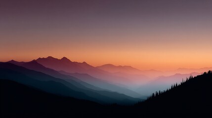 Layered mountain ridges bathed in the warm hues of twilight's embrace