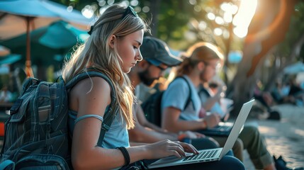 Digital nomads working on laptops while traveling --ar 16:9 --v 6 Job ID: d1ead83c-a429-496e-9444-662f0f709d0b