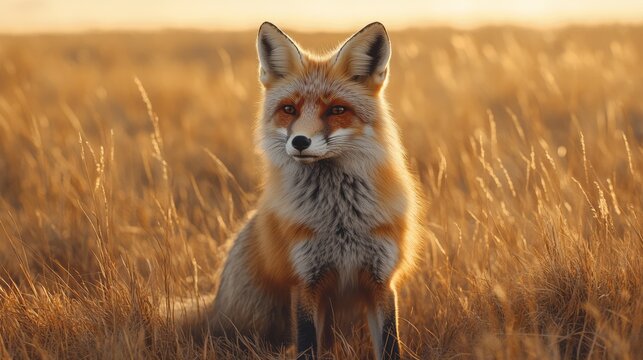 A majestic red fox sits peacefully in a golden field