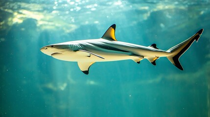 Naklejka premium Blacktip reef shark gliding a sunlit aquarium tank on a solid teal background
