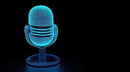 A sleek neon blue podcast microphone icon with animated sound waves pulsing on a black background, futuristic audio concept