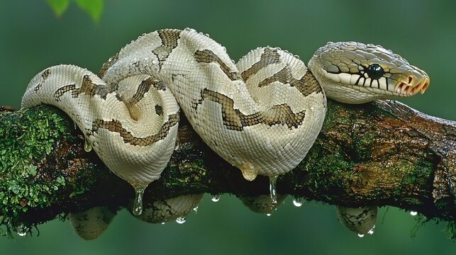 Burmese python coiled around tree branch in humid rainforest with water droplets on scales