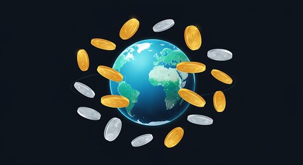 Global Currency: Orbiting Coins Encircling Earth in a Vibrant Design