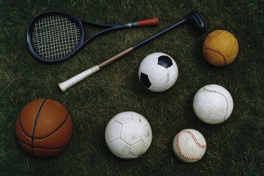 Assorted sports equipment and balls on grass.
