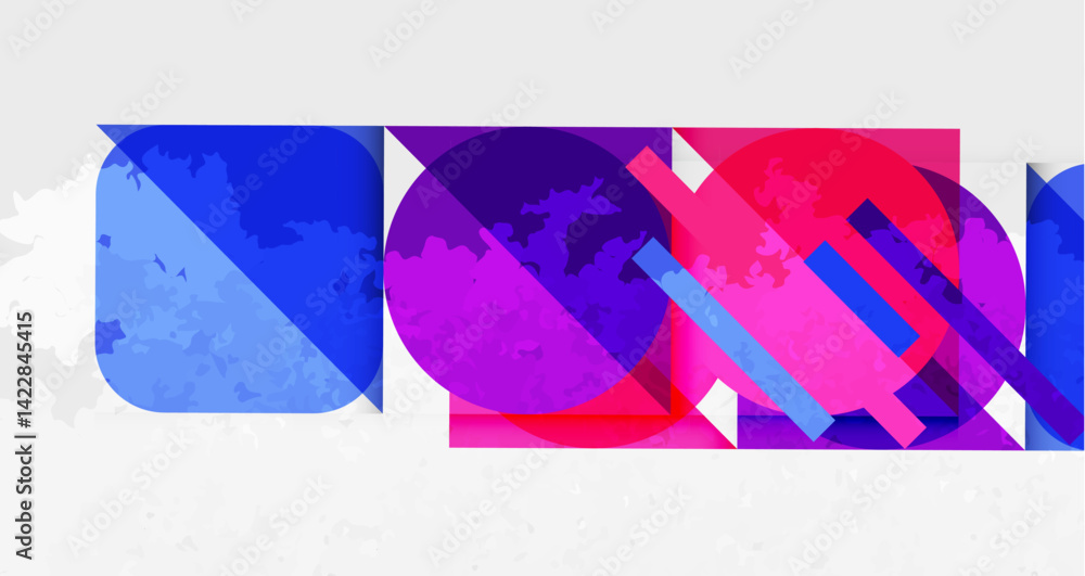Poster abstract colorful design featuring overlapping geometric shapes. blue, purple, pink hues create dyna