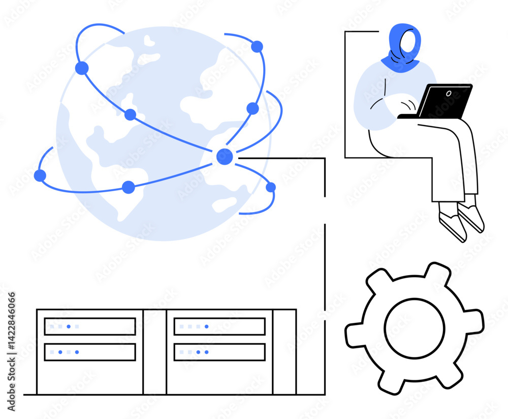 Poster planet with connected nodes, person using laptop, data servers, gear icon. ideal for networking, clo
