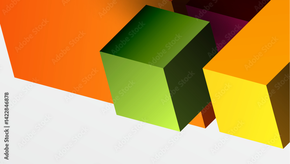 Poster Abstract composition featuring colorful cubes. Shapes overlap, creating depth. Bright orange, green, yellow hues dominate neutral background. Minimalist design, geometric forms present.
