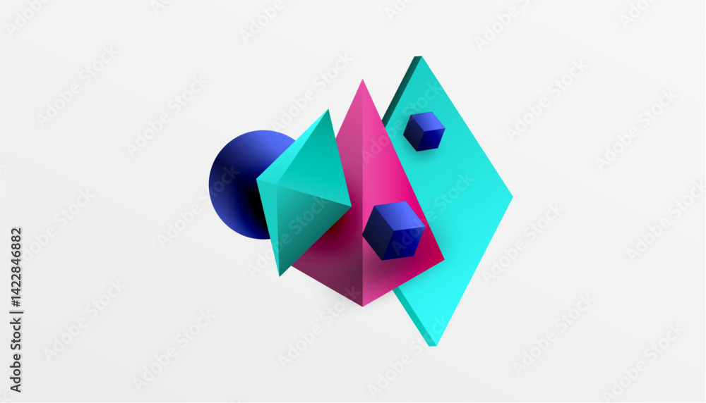 Poster Abstract composition featuring vibrant geometric shapes. Cubes, pyramids, squares overlap creating dynamic visual interest. Colors include blue, pink, turquoise. Minimalist design.