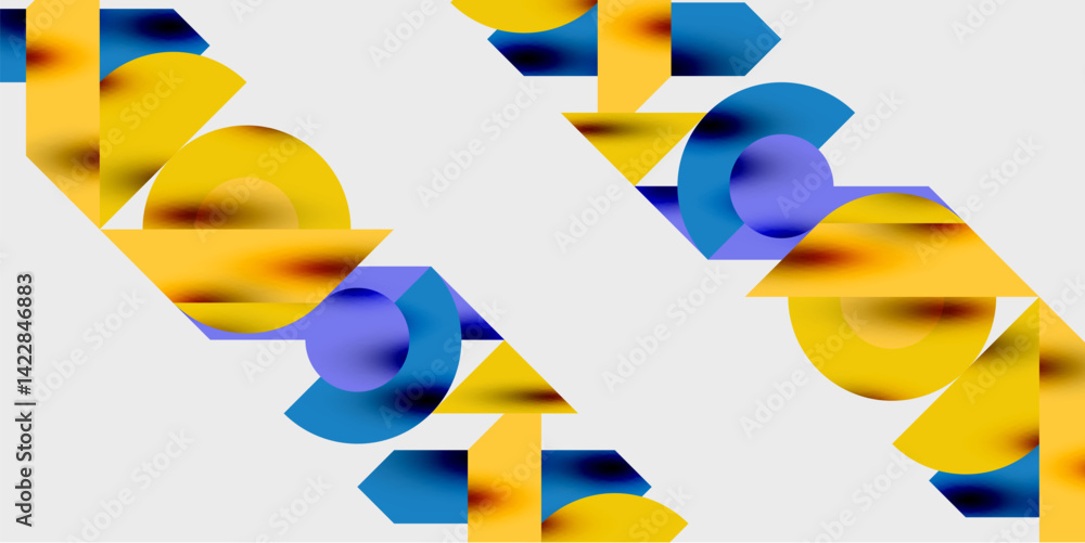 Poster Abstract geometric composition. Overlapping shapescircles, triangles, rectanglescreate dynamic visual effect. Colors include yellow, blue, purple gradients on light gray background. Modern design.