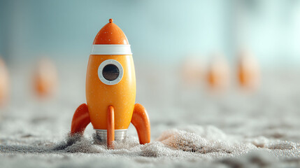 Obraz premium Playful 3D rocket launches into pastel sky with soft clouds symbolizing imagination ambition childhood dreams startup energy with empty space for text on a charming background