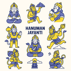 Hanuman Jayanti celebration features various illustrations of Hanuman, showcasing his diverse forms and activities. vibrant colors and playful designs evoke sense of joy and reverence