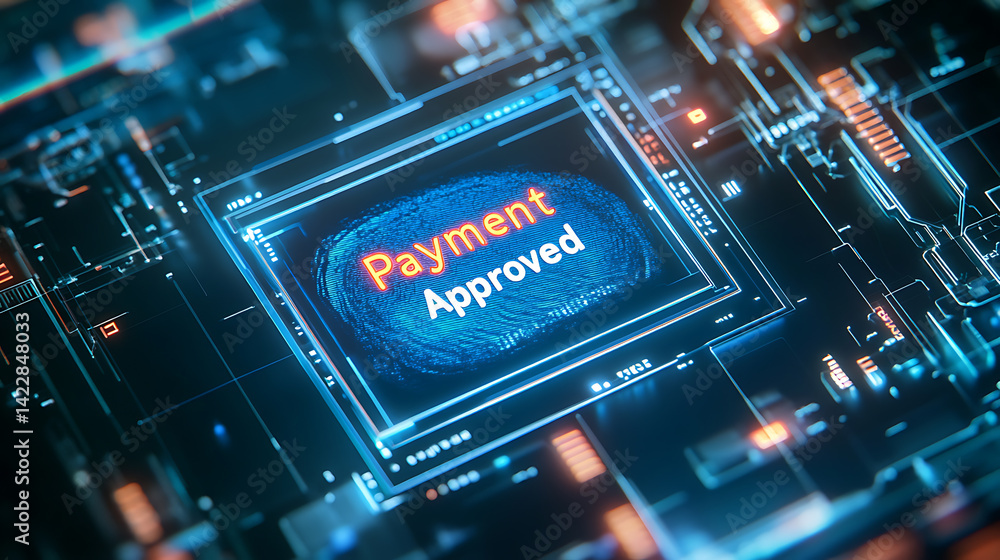 Poster digital payment confirmation process online transactions graphic design futuristic environment close
