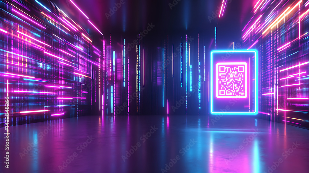Poster dynamic light show featuring qr codes futuristic setting digital art urban environment aerial view i