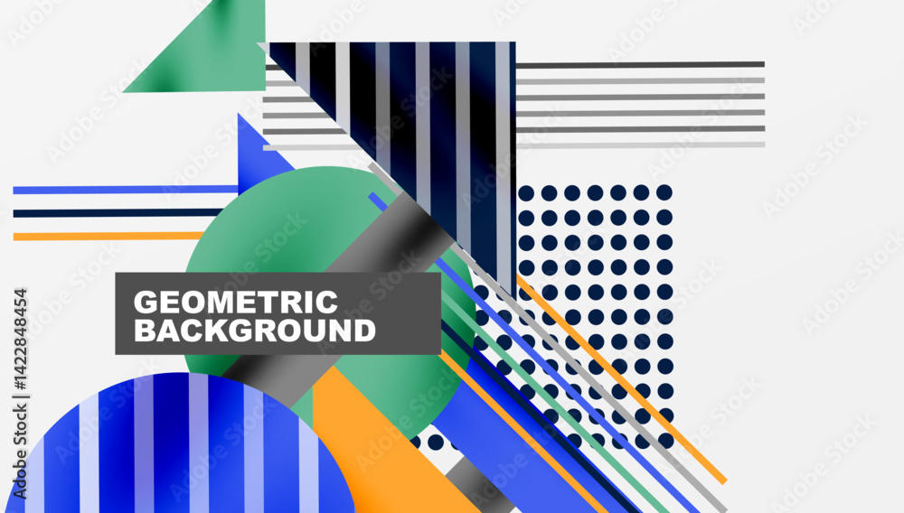 Poster Abstract geometric composition. Overlapping shapes, lines create dynamic visual effect. Blue, green, orange hues dominate white background. Modern design element.