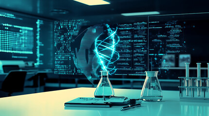 Innovative technology research event futuristic lab visual data representation modern environment analytical viewpoint