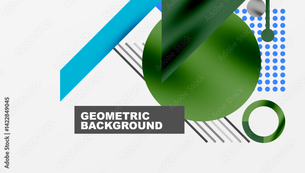 Aufkleber Abstract geometric composition. Overlapping shapes create modern design. Blue, green hues dominate neutral background. Minimalist aesthetic, clean lines present dynamic visual.