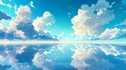 Serene ocean reflecting clouds, tranquil sky, peaceful seascape, ideal for travel brochures. Ocean Dream. Illustration