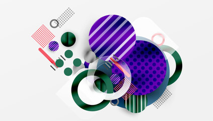 Fototapeta premium Abstract composition featuring overlapping circles, stripes, dots, lines. Vibrant purple, green, red hues dominate design. Modern, geometric aesthetic. Minimalist style.
