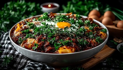 Pasta dish with egg, herbs, dark background