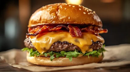 Delicious hamburger with cheese, lettuce, and tomato on a plate with a wooden background