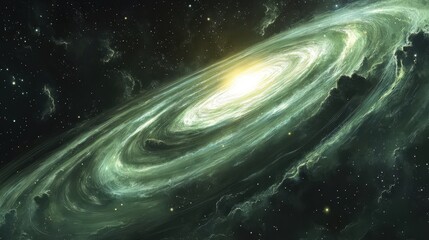 A mesmerizing cosmic sky filled with swirling green nebulae and radiant stars, scientific and mysterious atmosphere