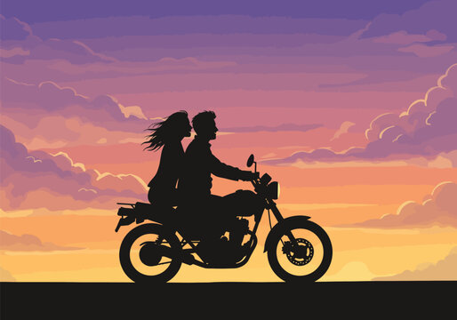 Couple on bike silhouette. This image shows a black silhouette of a couple riding a motorcycle, showcasing motion, freedom, and artistic representation. Vector clipart illustration design.