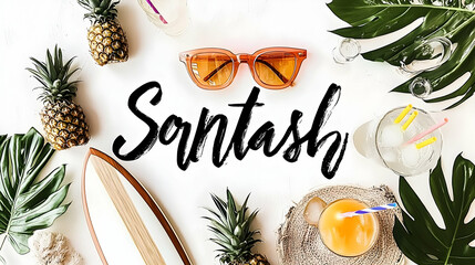 scene with pineapple-shaped sunglasses, a quirky surfboard, and tropical drinks with colorful straws 