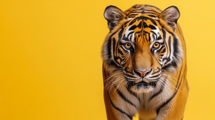 Tiger with distinctive stripes walks forward against a yellow backdrop