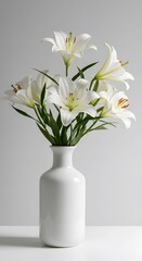 White lilies, elegant floral arrangement, casting a tranquil ambiance on a subtle cream background, Serene composition of beautiful white lilies with delicate shadows
