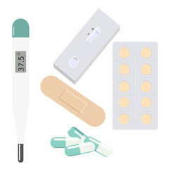 medical device collection, medicine, first aid kit, thermomotor, blister pack, bandage, capsule, virus test kit,