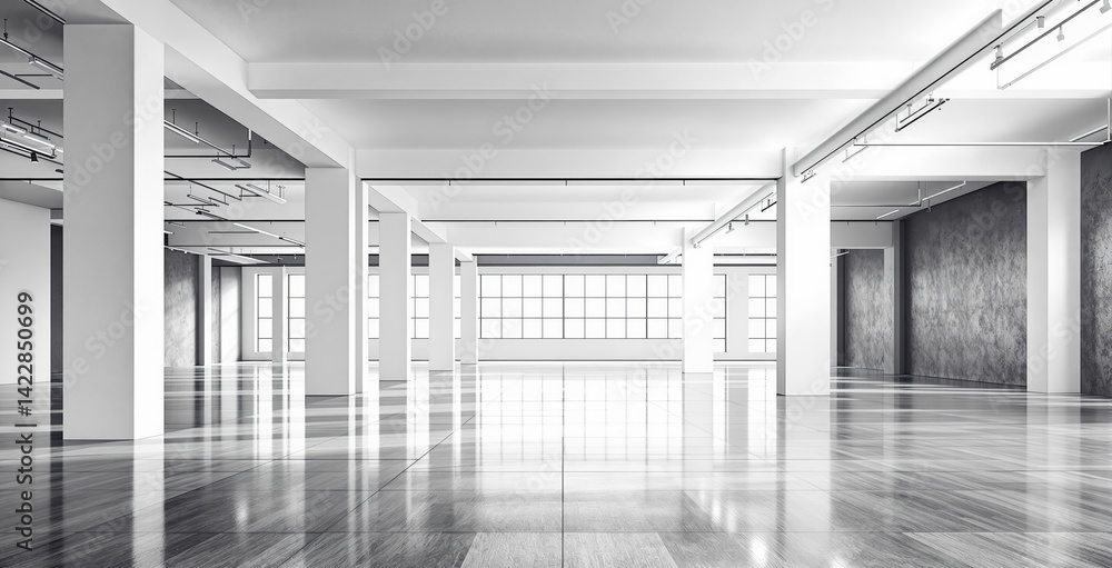 Poster spacious modern interior with large windows, white columns, and polished floors in minimalistic arch