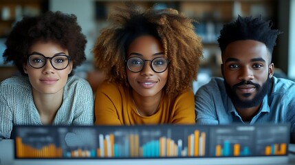 Three diverse colleagues reviewing data on a screen.