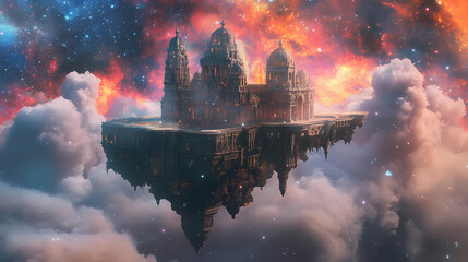 Angelic citadel floating amidst nebulous hues of cosmic splendor, hyperrealistic photo. Dream Citadel. Illustration