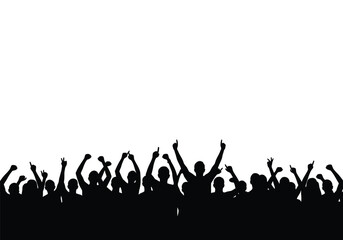 Cheering crowd silhouette. This image depicts a group of people with raised hands in celebration, symbolizing joy, unity, and enthusiasm at a public event. Vector clipart illustration design.
