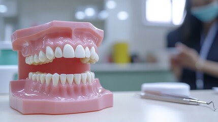 A patient attentively listening to a dental hygienist explaining gum health using a realistic oral model in a bright clinic