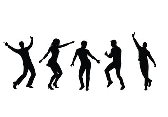 Fototapeta premium Dancing people silhouette. This image shows five people dancing in various poses, depicted as black silhouettes against a white background. Vector clipart illustration design.