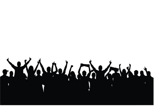 Crowd silhouettes. This image depicts a group of people in silhouette with raised hands, illustrating unity, excitement, and lively celebration. Vector clipart illustration design.