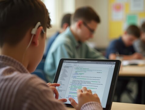 Student with hearing aid using tablet and speech-to-text app in an inclusive classroom learning environment.

