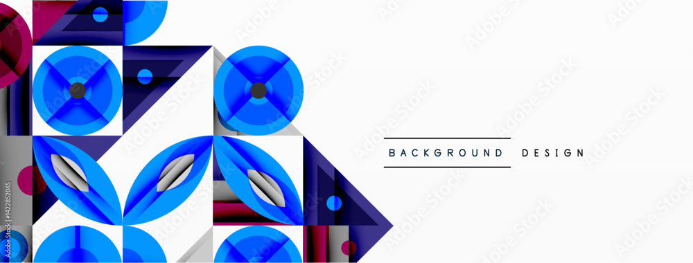 Leinwandbilder Abstract geometric pattern. Blue gradients create dynamic shapes, circles, triangles. Modern design with clean lines, suitable for backgrounds, presentations. Minimalist aesthetic.