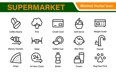 Supermarket Store Icon Collection. Modern Grocery Symbols for UI and Branding