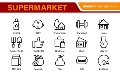 Supermarket Store Icon Collection. Modern Grocery Symbols for UI and Branding