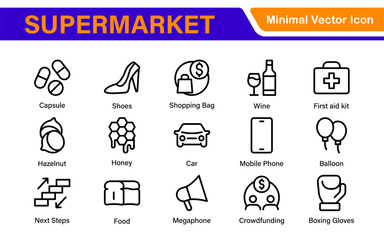 Supermarket Store Icon Collection. Modern Grocery Symbols for UI and Branding