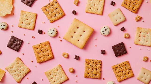 A flat lay of different snack foods, including chips, cookies, and crackers, styled for a food blog header image.