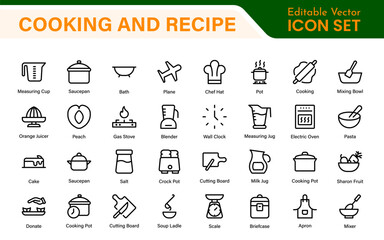 Premium Cooking and Recipe Icons – Line, Outline, Minimal, Vector – Kitchen, Chef, Food, Baking, Restaurant UI Icons