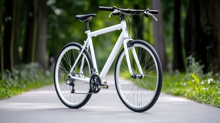 Fototapeta premium White bicycle on paved path amidst greenery