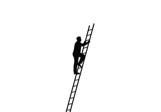 Man on ladder silhouette. This image shows a person climbing a ladder, depicted as a black silhouette symbolizing upward motion and effort. Vector clipart illustration design.
