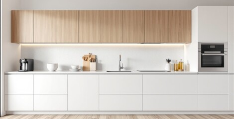 Sleek modern kitchen interior with white cabinets, wood upper units, and built-in appliances in minimal design style on a light background. Ai generative